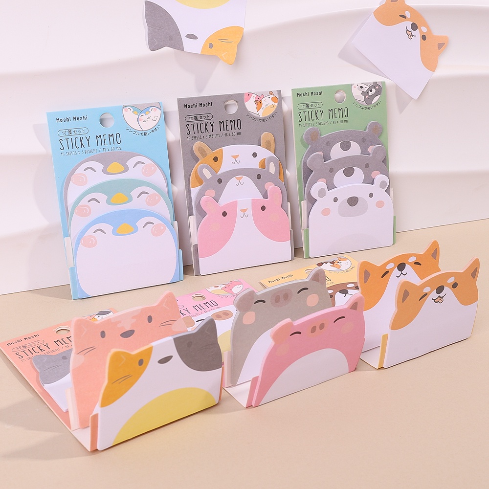 45lembar Kartun Hewan Berbentuk Sticky Notes /Kawaii Pinguin Babi Beruang Kucing Memo Pads/Mahasiswa Self-adhesive Planner Notepad Stiker/Perlengkapan Alat Tulis Kantor Sekolah