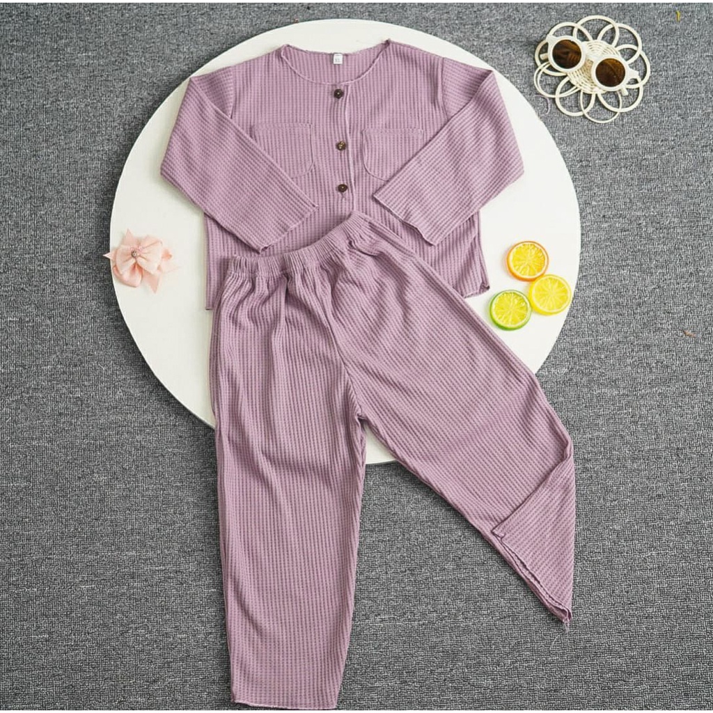 BEFAST - ZFS OOTD WANITA ONESET LELI / LIME WAFFLE SETELAN ANAK PEREMPUAN / Oneset Anak Perempuan Terbaru / Pakaian Casual Anak-Anak / Set Atasan Lengan Panjang+Celana Panjang / Fashion Kekinian Anak-Anak perempuan Terlaris
