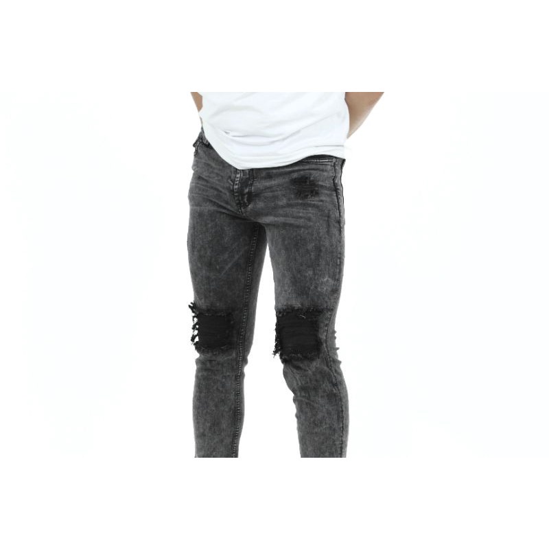 Weird Jeans - Thunder Black - Celana Jeans Pria Skinny Slimfit Strech Ripped Tambal