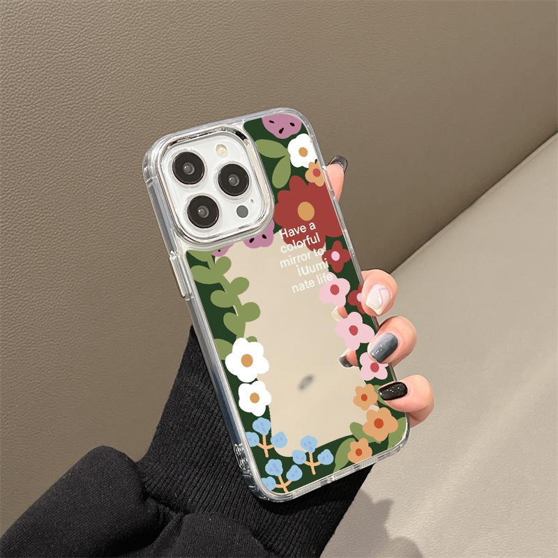 IPHONE Casing Ponsel Cermin Bunga Kartun Warna-Warni Kompatibel Untuk Iphone11 12 13 14 12Pro 13Pro 14Pro Pro Max XR X XS Max Electroplating Tombol Perlindungan Mirror Cover