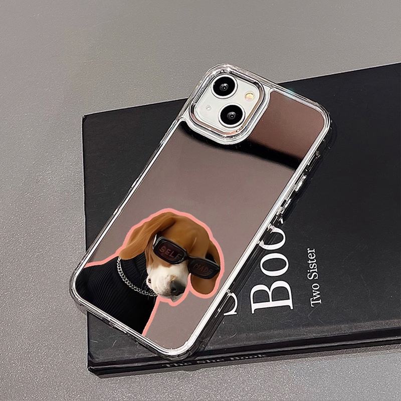 IPHONE Kacamata Hitam Keren Dog Mirror Phone Case Kompatibel Untuk Iphone11 12 13 14 12Pro 13Pro 14Pro Pro Max XR X XS Max Electroplating Tombol Perlindungan Mirror Cover