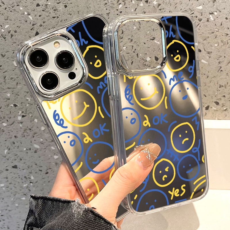 IPHONE Casing Ponsel Cermin Emoji Lucu Kompatibel Untuk Iphone11 12 13 14 12Pro 13Pro 14Pro Pro Max XR X XS Max Electroplating Tombol Perlindungan Mirror Cover