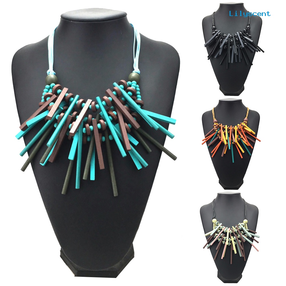 [LS] Manik-manik Kayu Afrika Wanita Stik Choker Rantai Bib Statement Kalung Perhiasan