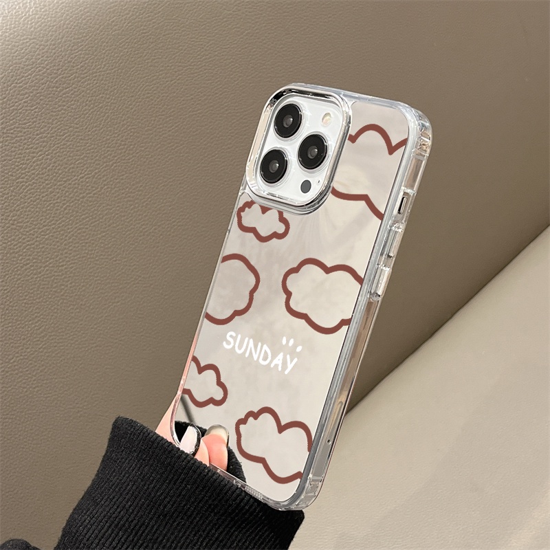 IPHONE Sunday Casing Ponsel Cermin Awan Merah Kompatibel Untuk Iphone11 12 13 14 12Pro 13Pro 14Pro Pro Max XR X XS Max Electroplating Tombol Perlindungan Mirror Cover