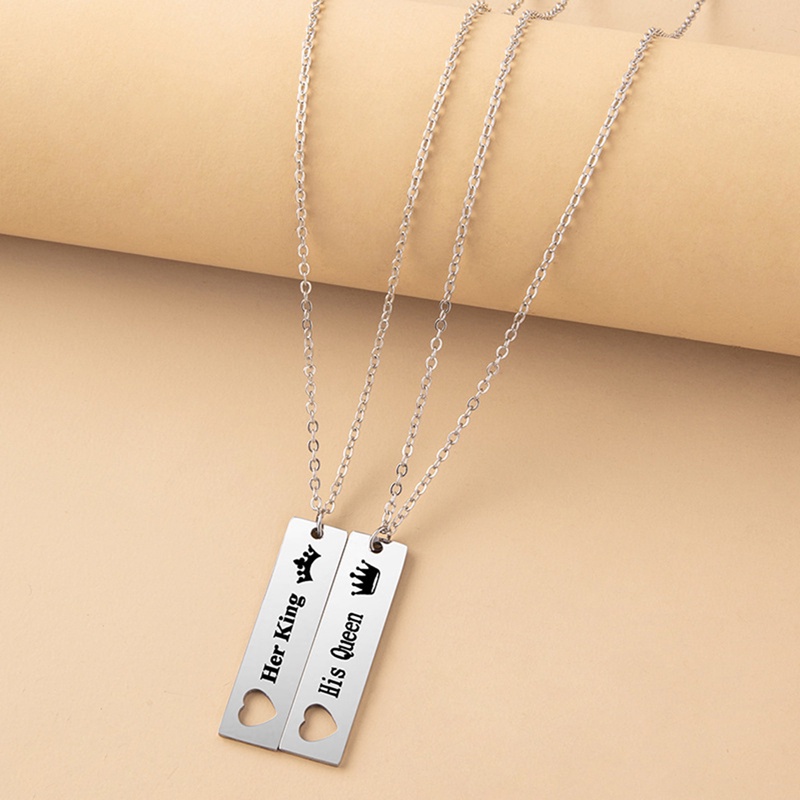 Kalung Pasangan Keren Hip Hop King Queen Stainless Steel Persegi Panjang Rantai Salib Hadiah Hari Valentine