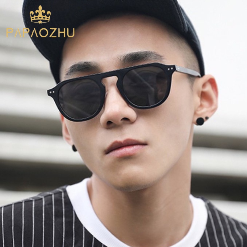 Papaozhu Keren Hitam Bingkai Bulat Aviator Kacamata Hitam Untuk Pria Wanita Retro UV400 Eyewear Eyeglasses Aesthetic Shades Trendy Sunnies Glasses