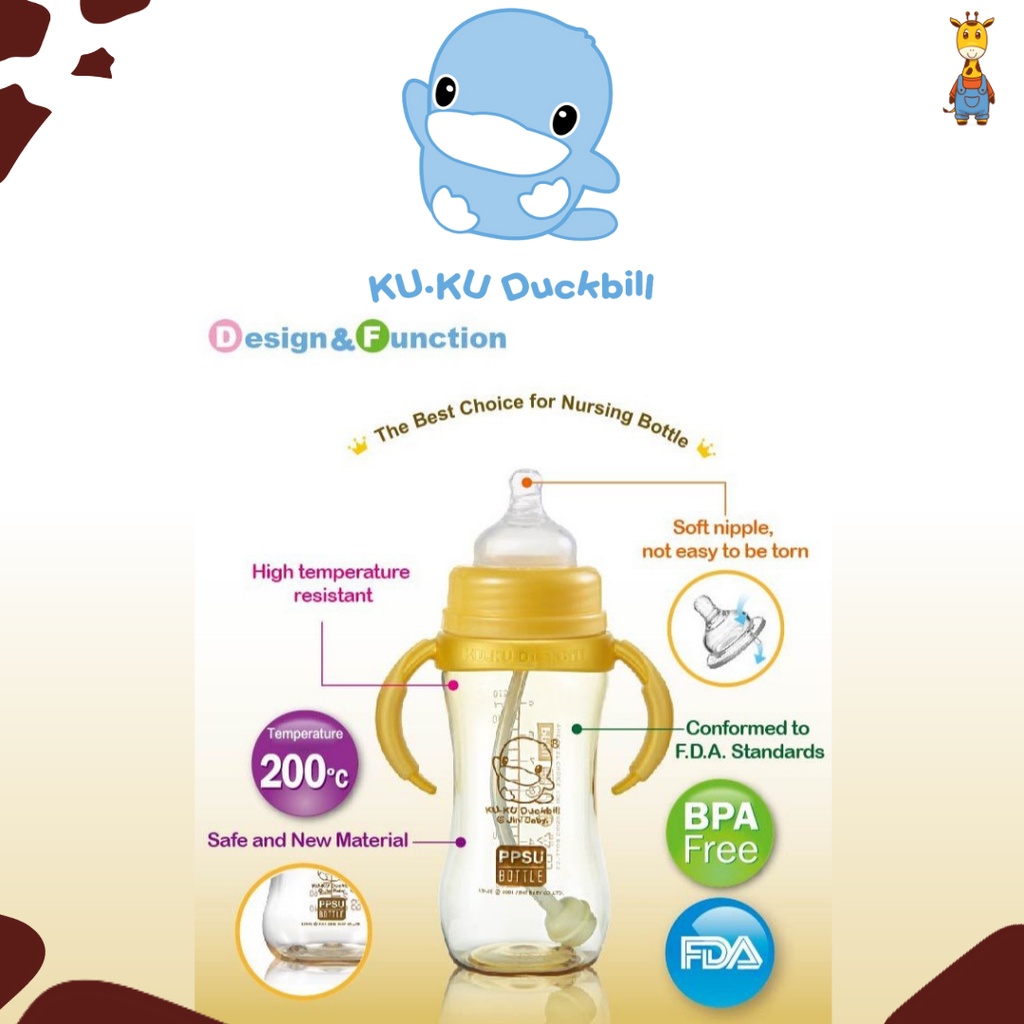 Kuku Duckbill Wide Neck Feeding Bottle Handle 280ml KU5845 - Botol Susu Bayi