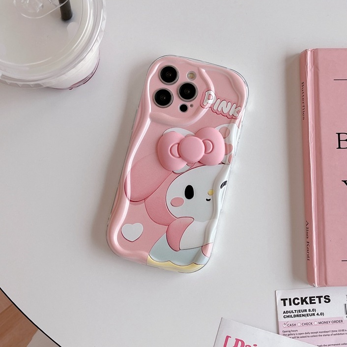 Cream Casing Pink Melody Kitty Bow Popsocket Soft Case HP iP iPhone 6 6S 7 8 14 + Plus SE 2020 2022 X XS XR 11 12 13 Pro Max Girl Woman