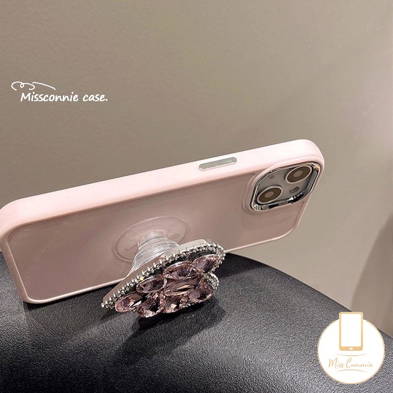 Casing Warna Solid Simple Mewah Kompatibel Untuk IPhone 7plus 11 14 13 12 Pro MAX XR 7 8 Plus X XS MAX Berlian Cinta Hati Bracket Phone Holder Plating Bingkai Lensa Logam Soft Cover