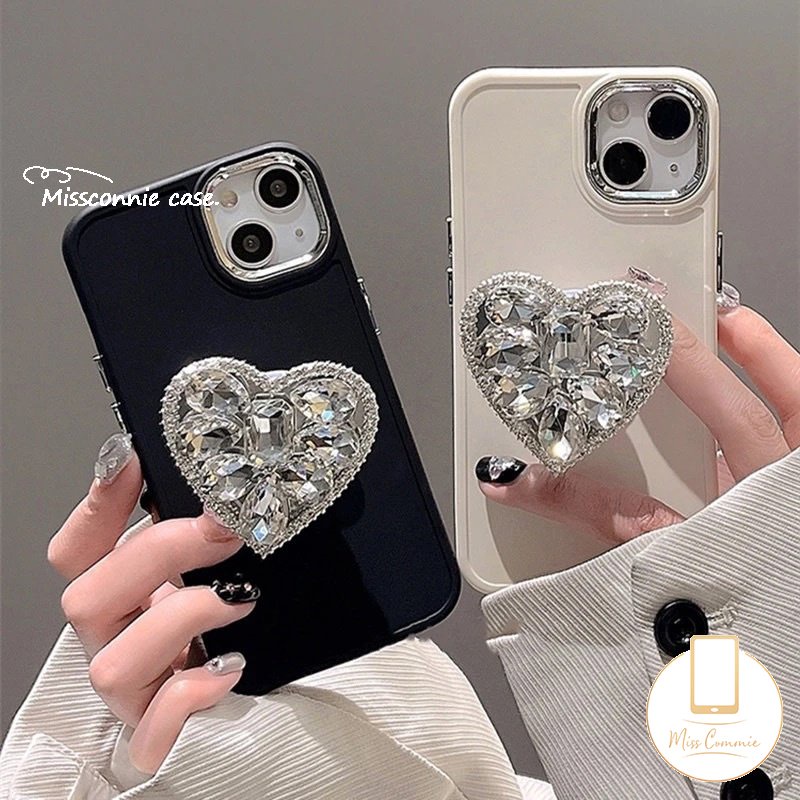 Casing Warna Solid Simple Mewah Kompatibel Untuk IPhone 7plus 11 14 13 12 Pro MAX XR 7 8 Plus X XS MAX Berlian Cinta Hati Bracket Phone Holder Plating Bingkai Lensa Logam Soft Cover