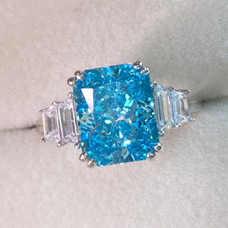 Trendy Aquamarine Warna Perak Cincin Untuk Wanita Kawin Tunangan Blue Sapphire Ring