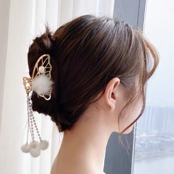 Jepit Rambut Korea Pita Kupu-Kupu Jedai Bulu Pom-Pom Rumbai Aksesoris Hiasan Rambut Perempuan AK287