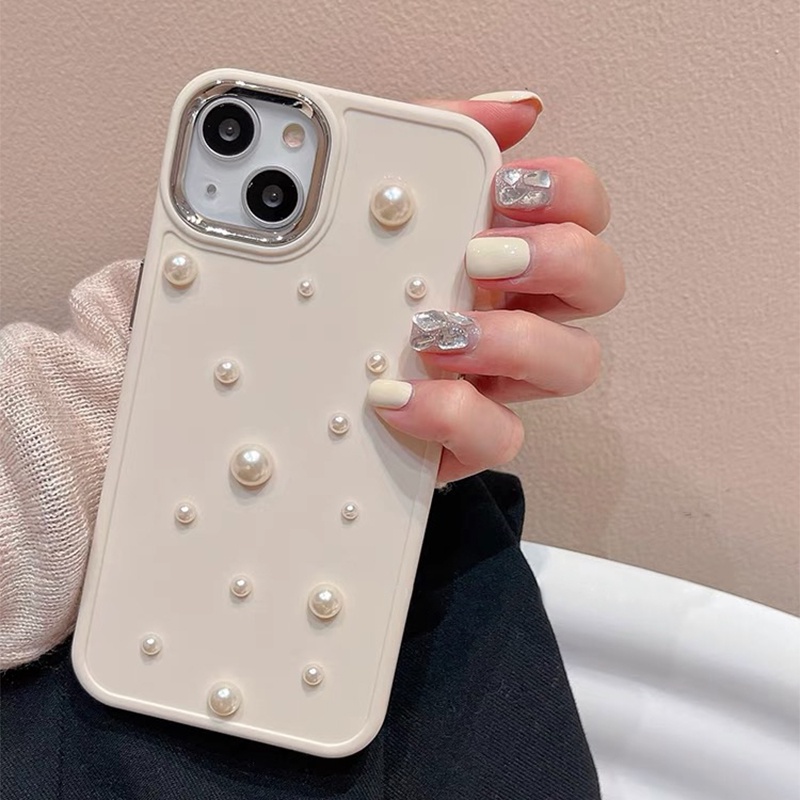 3D Pearl Romantic Love Heart Electroplate Case Compatible for IPhone 11 13 14 12 Pro Max 7plus 8plus XR X 7 8 14 Plus XS MAX Luxury Solid Color Plating Shockproof Soft Case