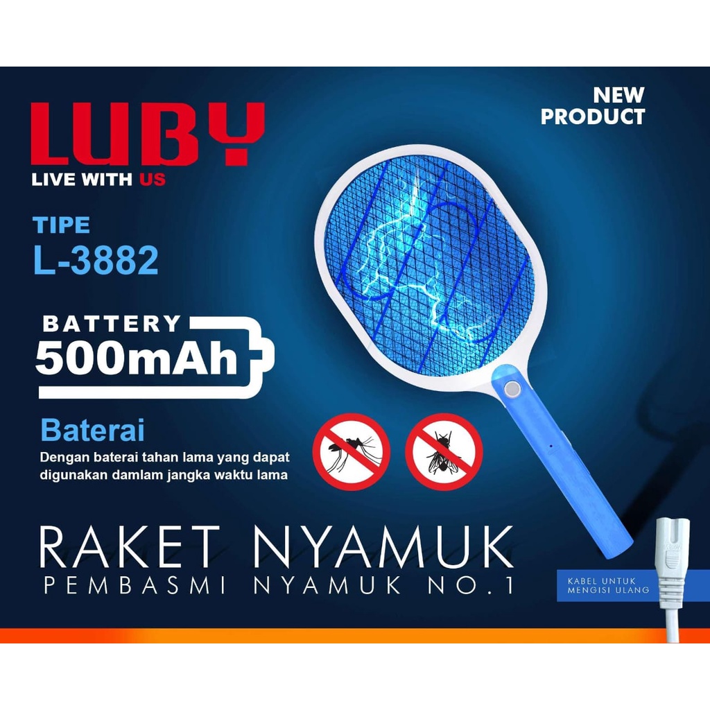 Raket Nyamuk Luby tipe L-3882 Baterai Cas LED lampu Rechargeable Mosquito Electric Swatter