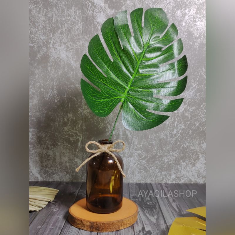 1 SET VAS KACA BOTOL DAUN MONSTERA HIJAU AESTHETIC / VAS BOTOL KACA COKLAT / VAS SCANDINAVIAN KOREA 