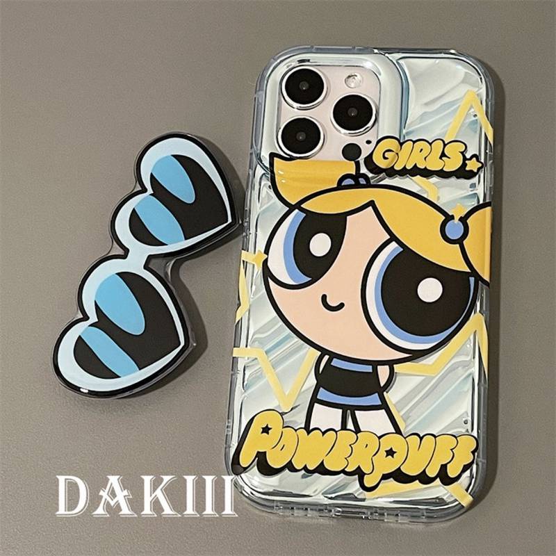 【The Powerpuff Girls】So Cool Laser Wave Gradient Silver Airbag SoftCase IPhone 11 12 13 14 Pro Max X XR XS MAX 14 Plus Girl Women's Fashion Cute Phone Case Gift Popsocket Sunglasse