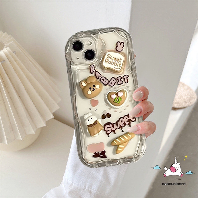 Diy Kartun Kelinci Roti Puppy Doodle 3D Steric Doll Phone Case Kompatibel Untuk iPhone 14xr 11 13 12 11 Pro Max X 7 6 6s 8plus XS Max SE Beruang Lucu 3D Wavy Curved Edge Soft Cover