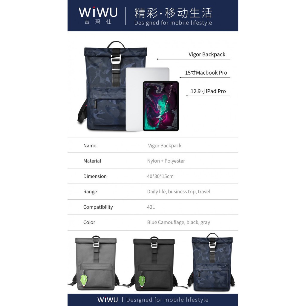 WIWU VIGOR Fashionable Travel Lightweight 15.6-inch Backpack Blue