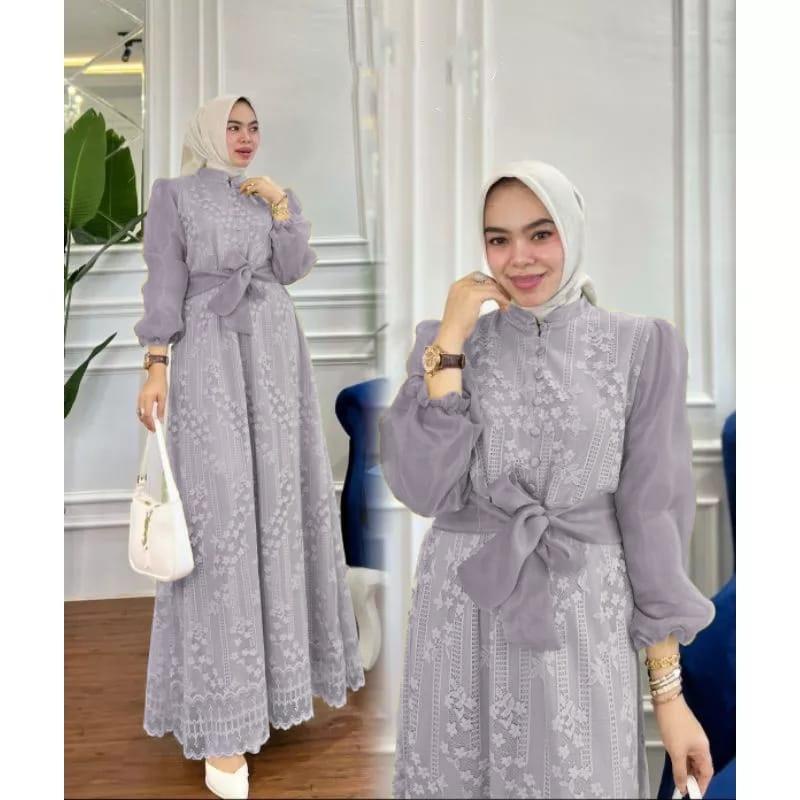 Gamis maxi brokat lapis furing Aneska / Fashion muslimah terbaru