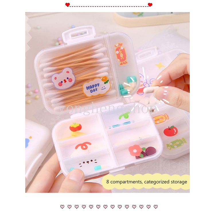 8kisi Kotak Pil Kotak Penyimpanan Vitamin Obat Mingguan Travel Portable Dispenser Tablet Pill Organizer Case Cotton Swab Bandage Container Mini Lucu Pillbox