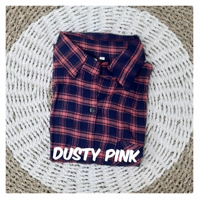 New Promo Terlaris Tunik (mini dress) kemeja katun flanel import kotak2 saku fungsi - dusty pink