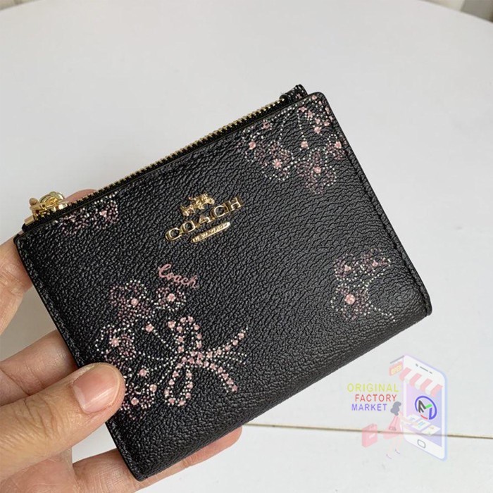Dompet COACH Snap Small Wallet Card Ribbon Bouquet Print ORIGINAL Vs