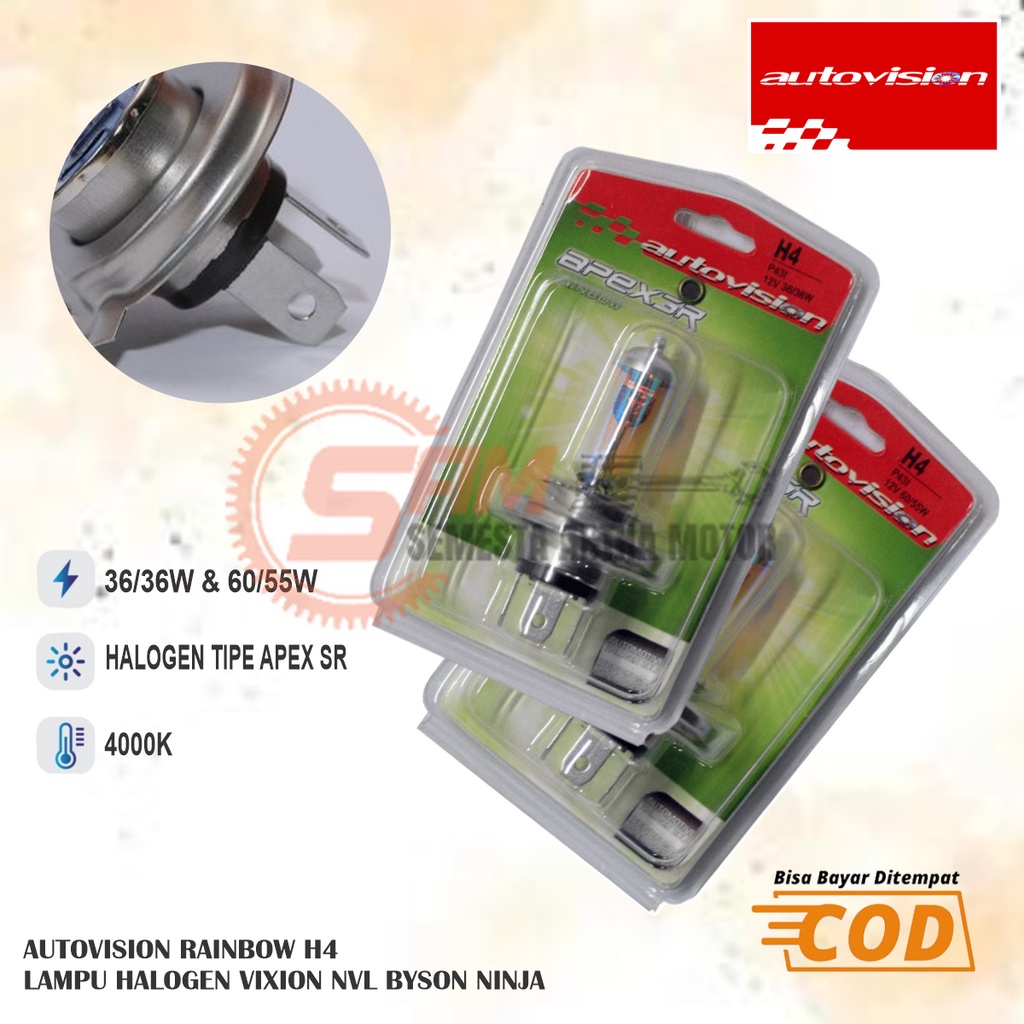 Bohlam Halogen Autovision Rainbow H4 5000k 36w 60w Motor Mobil Kuning Pelangi 12V