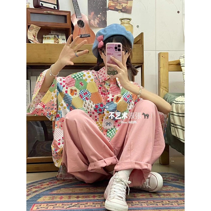 [ COD✅ ] Aroana Alesha musim panas garam Jepang siswa gadis longgar lengan pendek kemeja bermotif + 