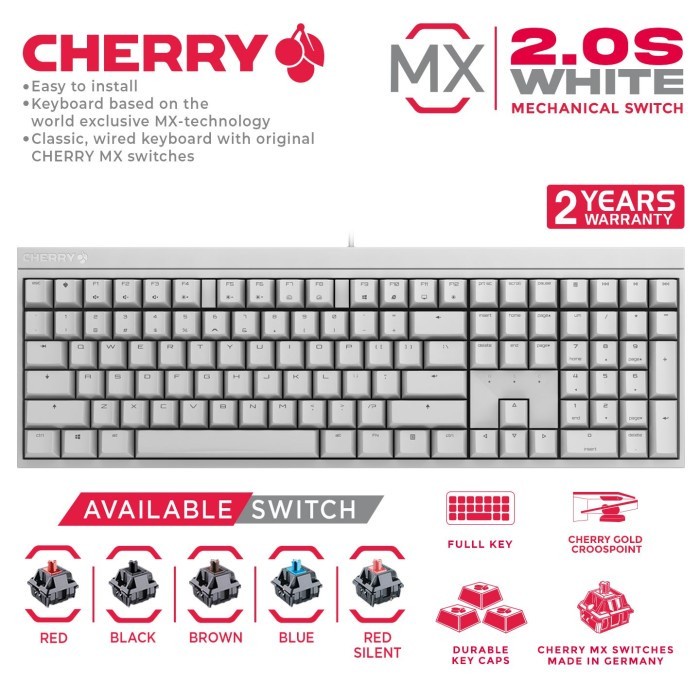 Cherry MX Mechanical Gaming Keyboard White MX 2.0S NBL - BROWN SWITCH