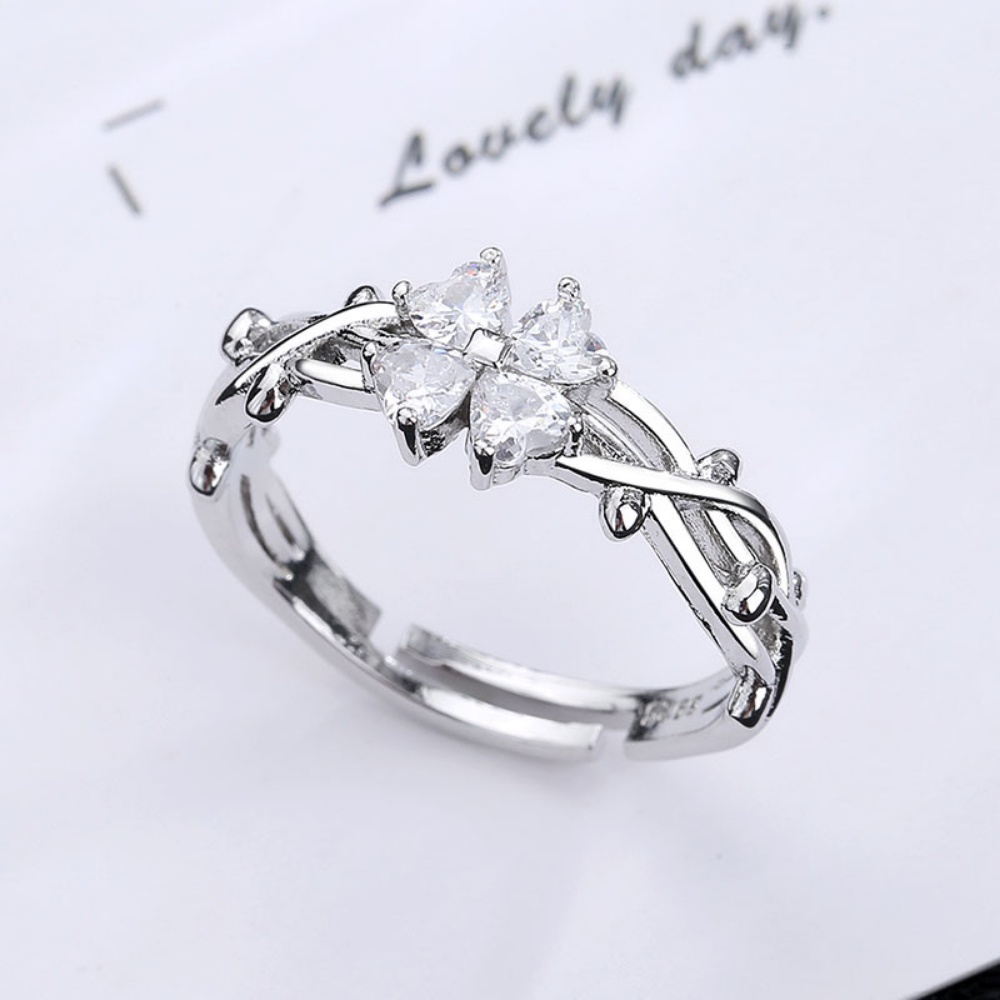 Cincin Semanggi Empat Daun Perak Murni Kepribadian Fashion Perempuan Ins Pasang Desain Sederhana Cincin Jari Telunjuk Yang Dapat Disesuaikan SWET Perhiasan Hati