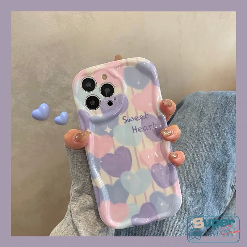 Ins Lukisan Cat Minyak Cinta Hati Casing Kompatibel Untuk iPhone 7plus XR 11 13 12 14 Pro Max 6s 6 7 8 Plus X XS Max SE 2020 3D Wavy Curved Edge Soft Tpu Shockproof Airbag Glossy Case