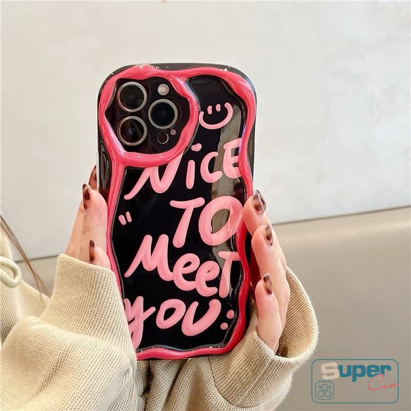 Ins Fashion Art Huruf Smile 3D Wavy Curved Edge Case Kompatibel Untuk iPhone XR 7plus 13 11 12 14 Pro Max8 7 6s 6 Plus X XS Max SE 2020 Glossy Tpu Lembut Shockproof Airbag Cover