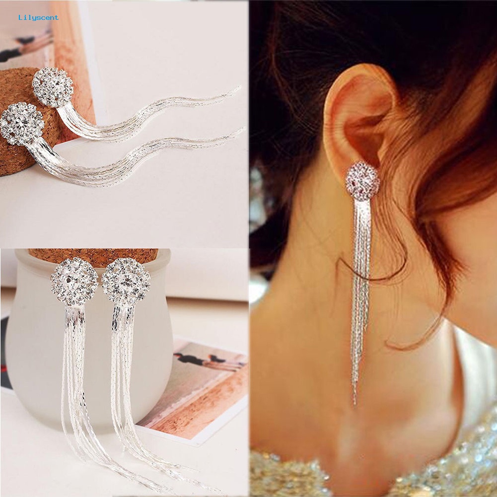 Lilyscent Wanita Berlian Imitasi Mengkilap Panjang Rumbai Menjuntai Stud Earrings Fashion Pengantin Perhiasan