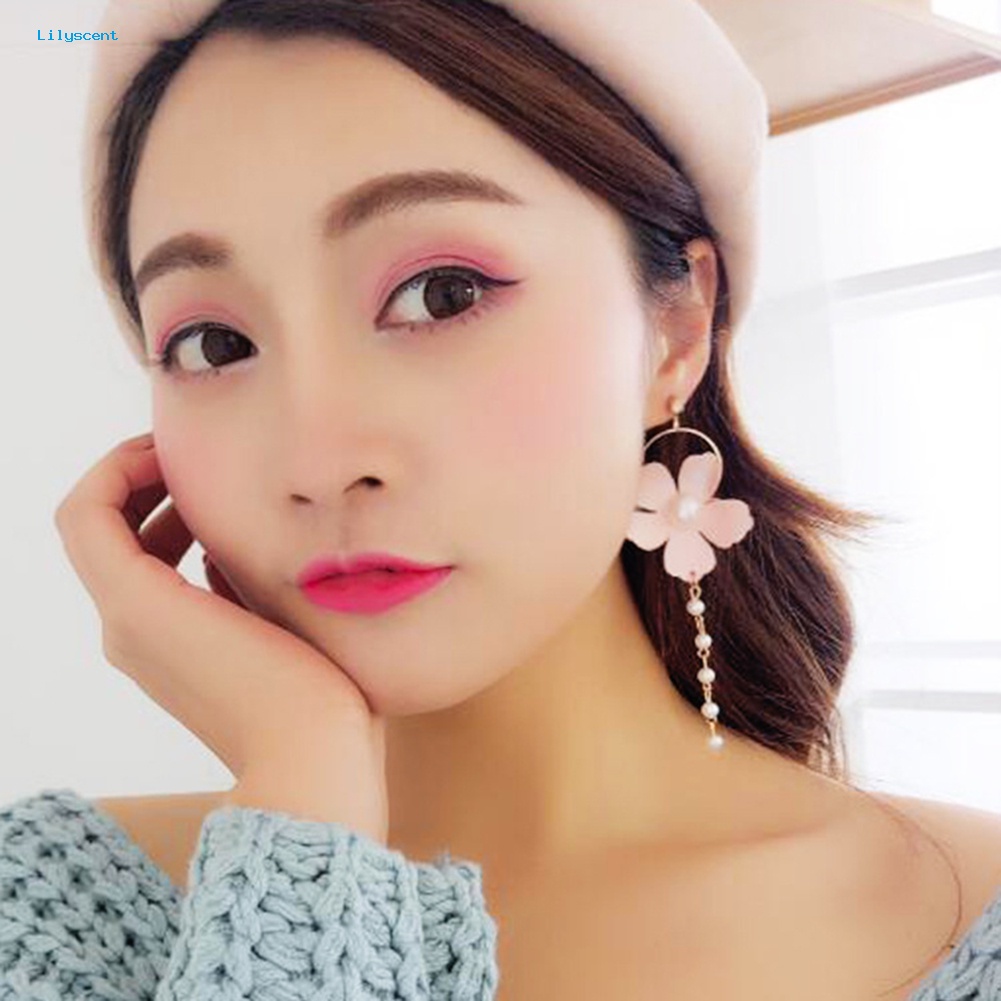 Lilyscent Fashion Wanita Sifon Bunga Mutiara Imitasi Lingkaran Panjang Menjuntai Stud Earrings Perhiasan