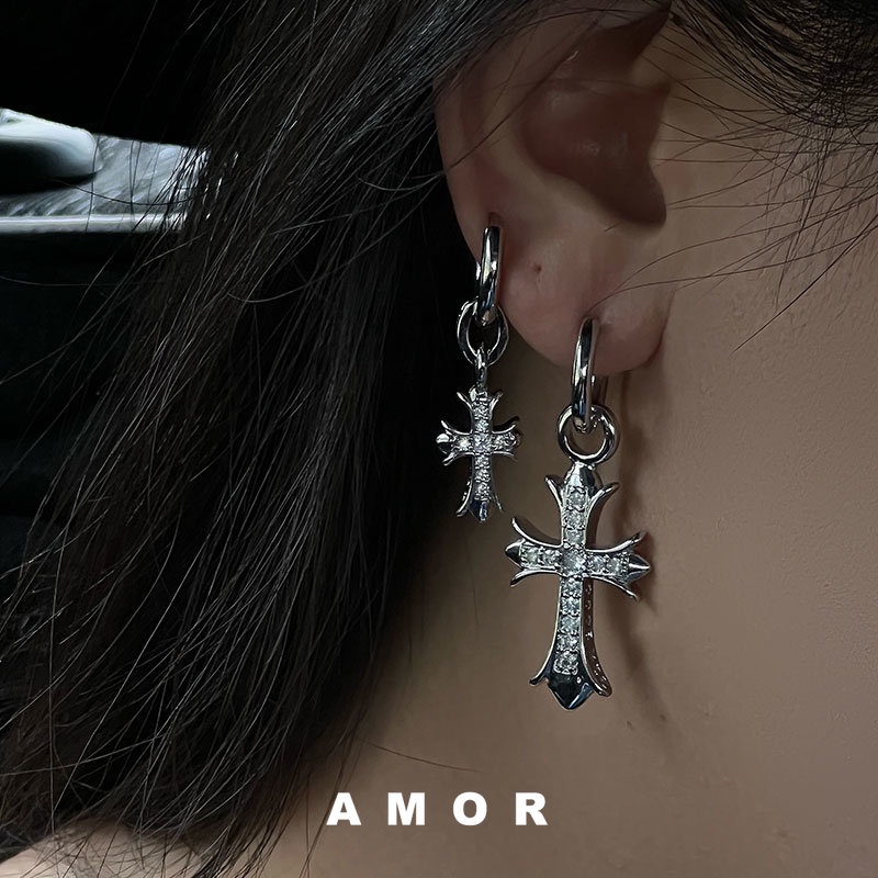 Chrome Hati Punk Fashion Anting-Anting Perempuan Micro-set Berlian Anting-Anting Ganda cross Niche Desain Rasa Canggih Anting-Anting Asimetris