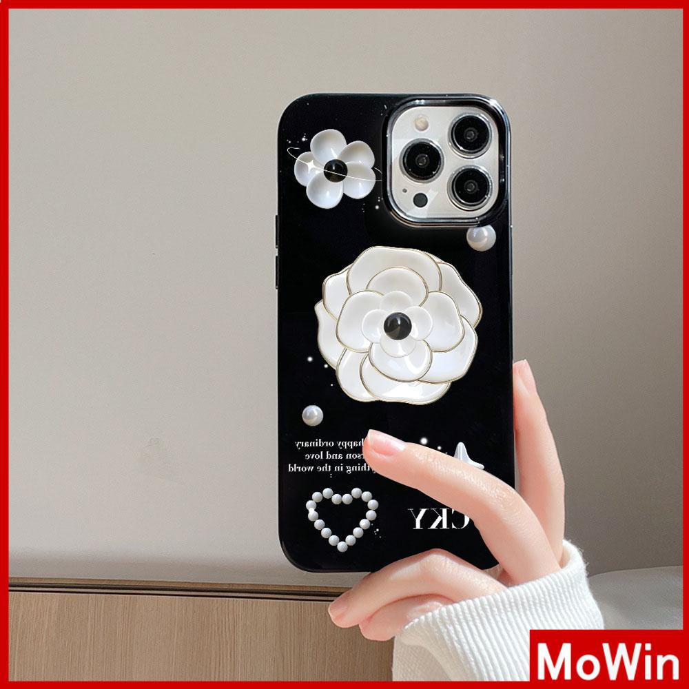 For iPhone 14 Pro Max iPhone Case Black Glossy TPU Soft Case Shockproof Protection Camera Luxury White Flower Compatible with iPhone 13 Pro max 12 Pro Max 11 xr xs max 7Plus 8Plus