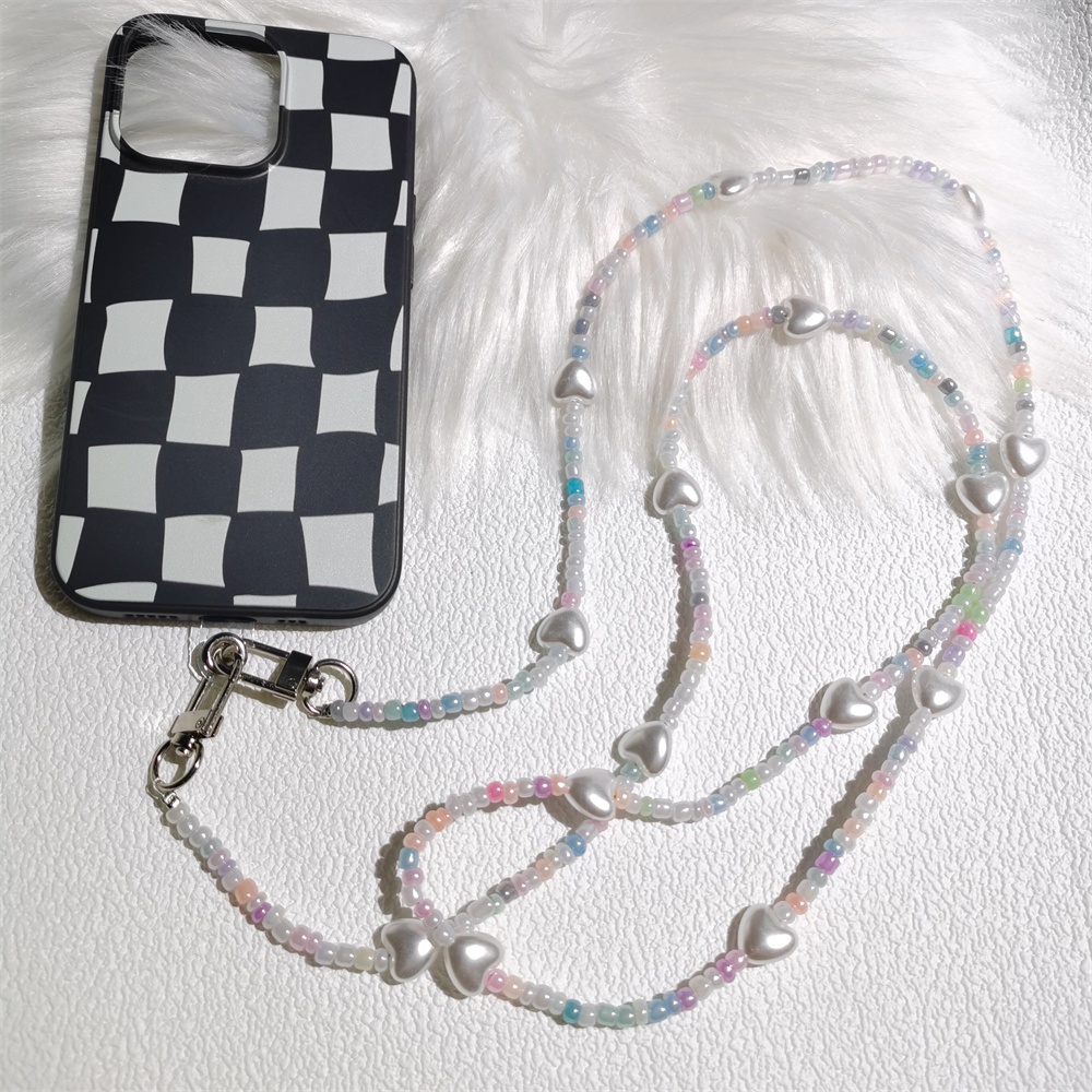 Beige Jantung Bahu Messenger Ponsel Rantai Panjang Anti-Hilang Akrilik Warna-Warni Manik Gantungan Kunci
