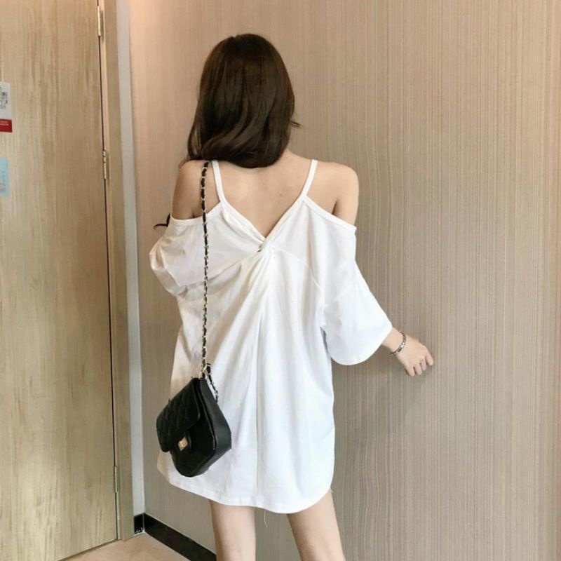 Red Musim panas baru jaring merah longgar mid-panjang backless alpukat top matcha hijau vintage perasaan gadis pertengahan lengan T-shirt perempuan