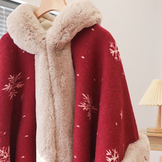 IMPORT ANGELIQUE WOMAN WINTER PONCHO FUR CAPE CHRISTMAS EDITION JUBAH NATAL BULU MUSIM DINGIN WANITA