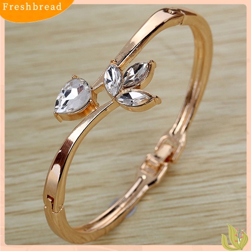 &lt; Freshbread &gt; Wanita Rose Gold Disepuh Berlian Imitasi Bertatahkan Bunga Ramping Cuff Bangle Gelang