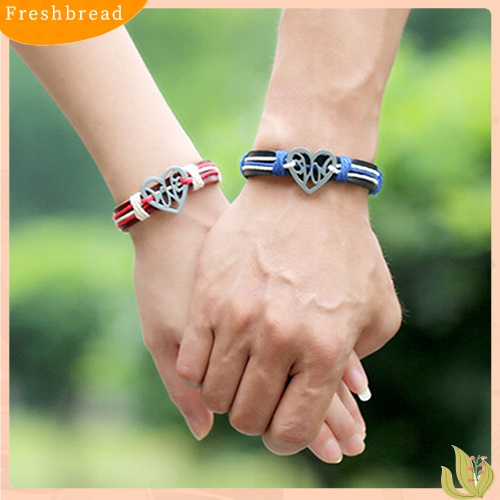 &lt; Freshbread &gt; Pasangan Kekasih Berongga Cinta Hati Rajutan Kulit Bangle Alloy Cuff Buckle Bracelet