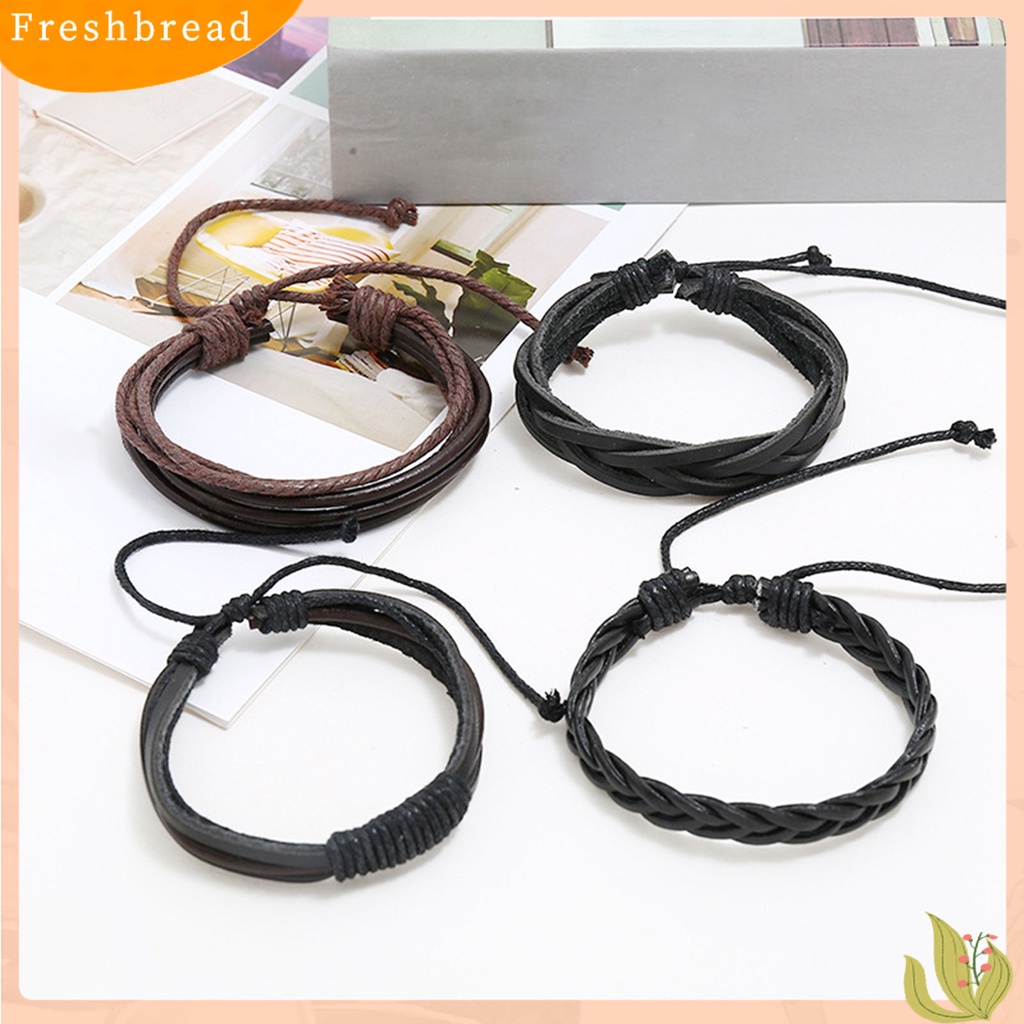 &lt; Freshbread &gt; 4Pcs/Set Multi-layer Kulit Imitasi Dikepang Gelang Tali Linen Adjustable Handmade Unisex Bracelets Perhiasan Aksesoris