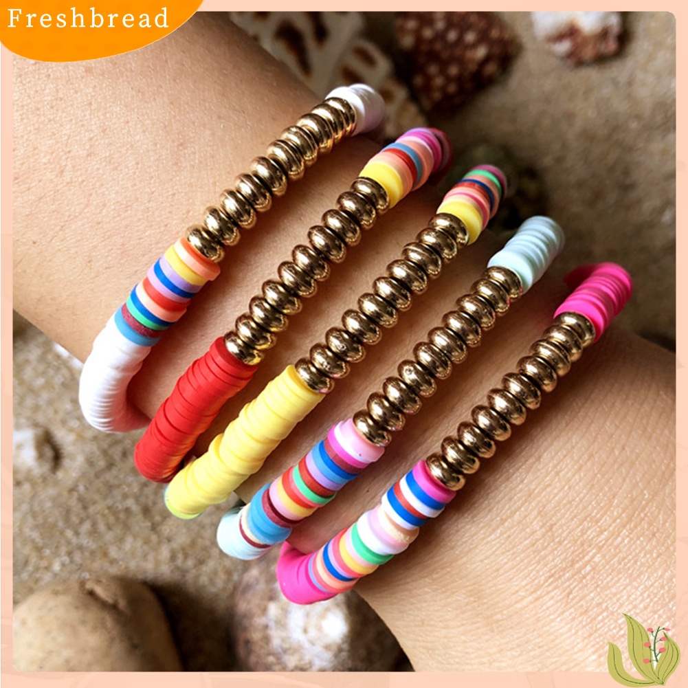 &lt; Freshbread &gt; 5Pcs Wanita Mode Rainbow Polymer Clay String Beads Gelang Pesta Bangle Hadiah