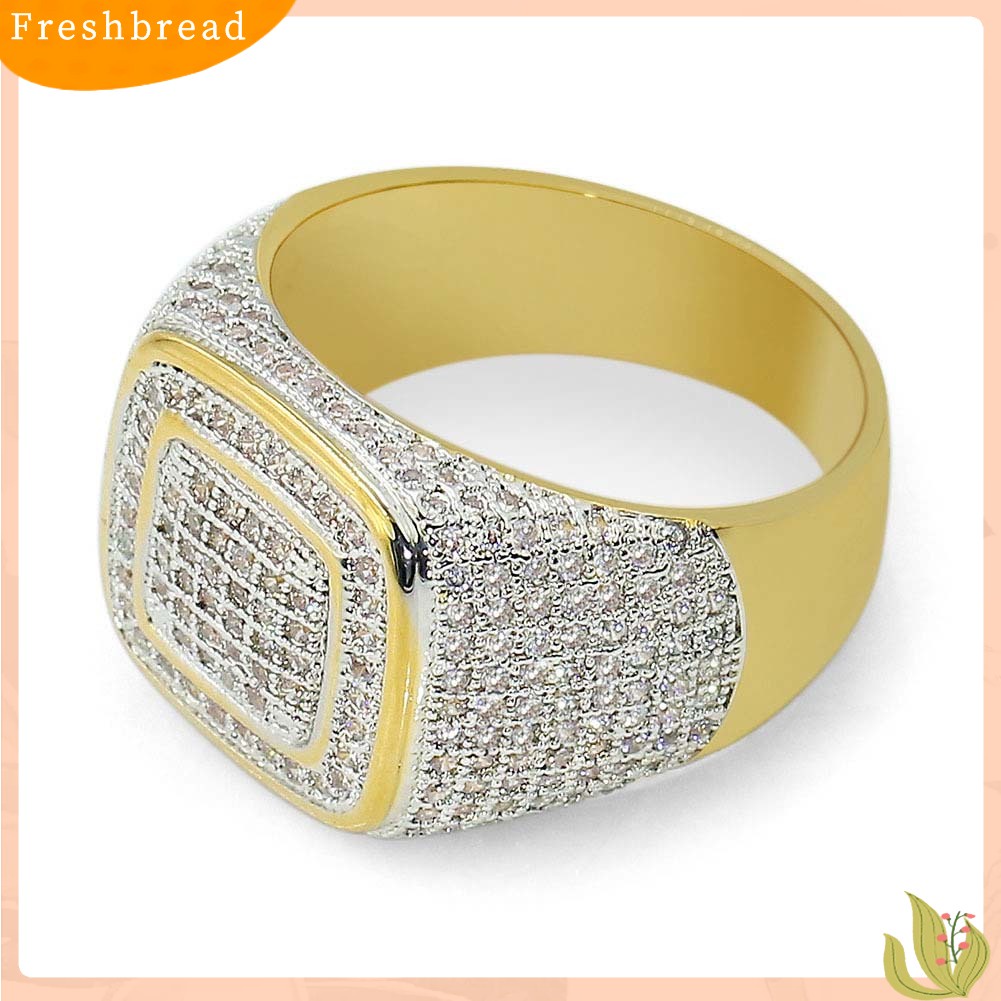 < Freshbread > Glitter Pria Persegi Penuh Berlian Imitasi Bertatahkan Jari Cincin Pernikahan Pertunangan Perhiasan