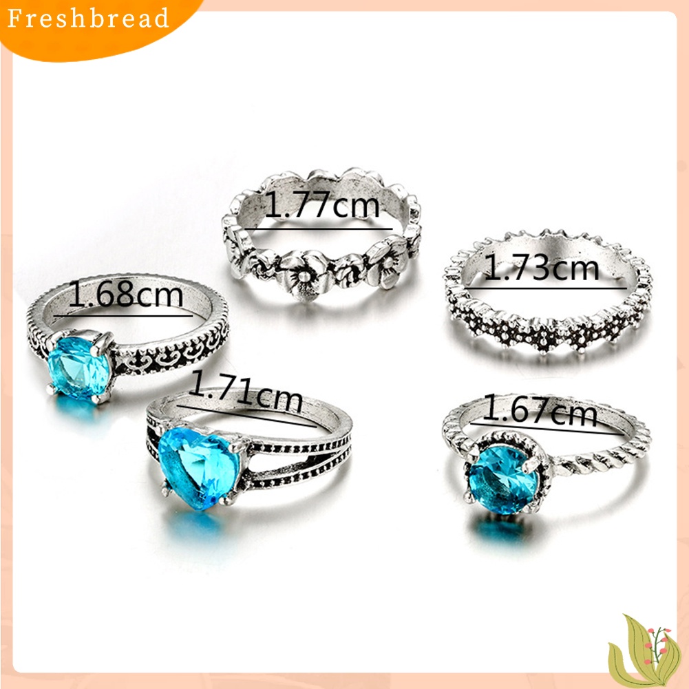 &lt; Freshbread &gt; 5Pcs/Set Retro Boho Berongga Bunga Hati Biru Berlian Imitasi Wanita Jari Rings