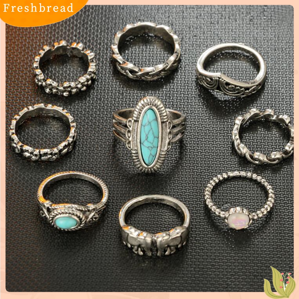 &lt; Freshbread &gt; 9Pcs/Set Boho Stack Gajah Bunga Faux Turquoise Midi Finger Knuckle Rings