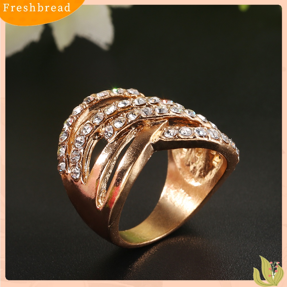 &lt; Freshbread &gt; Mewah Berlapis Emas 9K Paduan Jari Band Berlian Imitasi Bertatahkan Cincin Perhiasan Hadiah