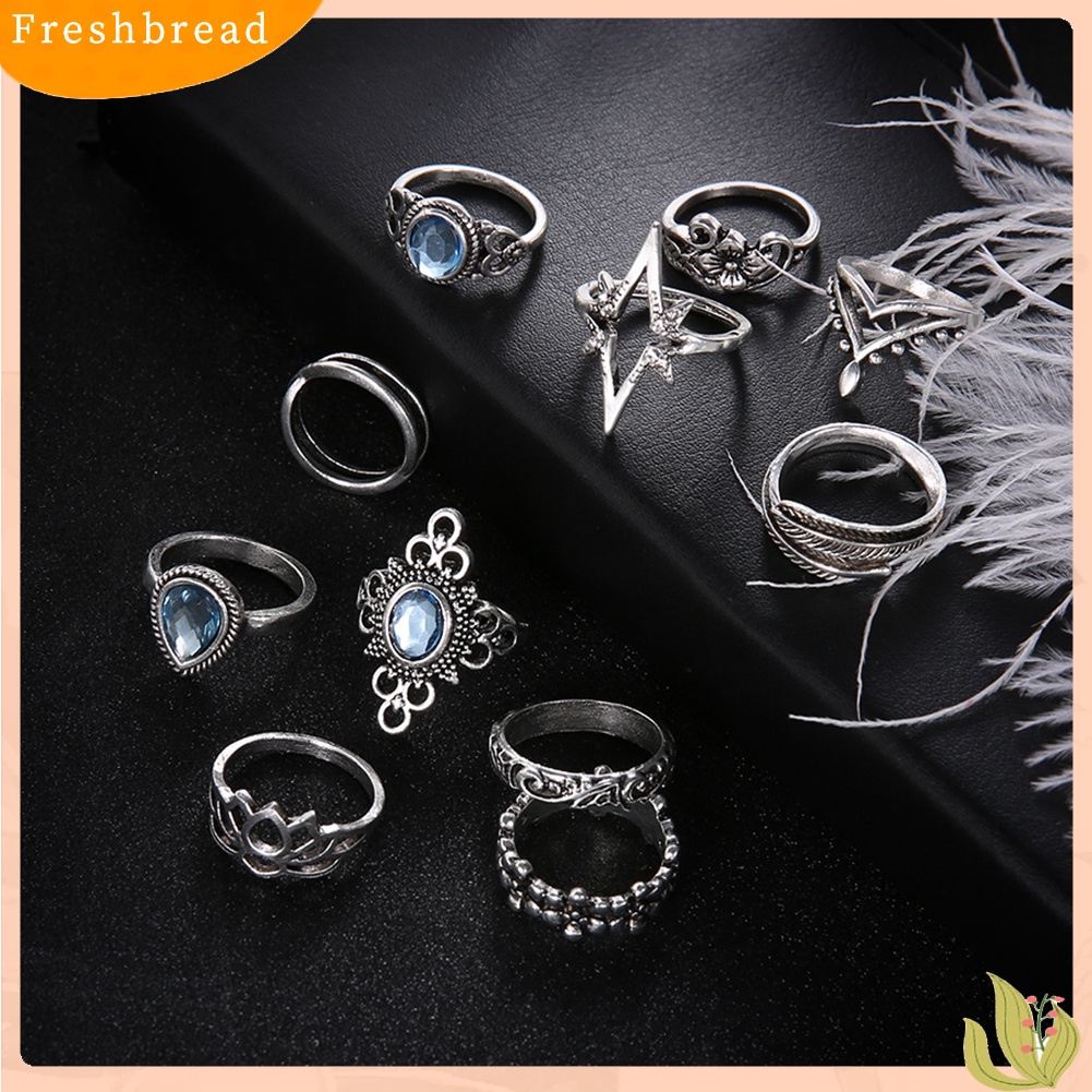 &lt; Freshbread &gt; 11 Pcs Wanita Retro Berongga Berlian Imitasi Knuckle Midi Ujung Jari Susun Cincin Bersama