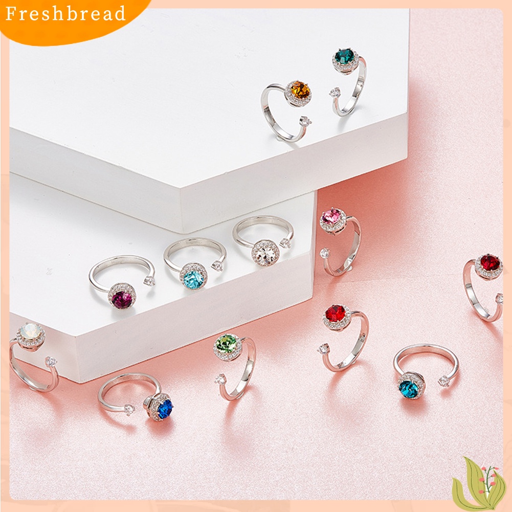 < Freshbread > Wanita Bulat Berlian Imitasi Hias Cincin Jari Terbuka Perhiasan Yang Dapat Disesuaikan Hadiah Ulang Tahun