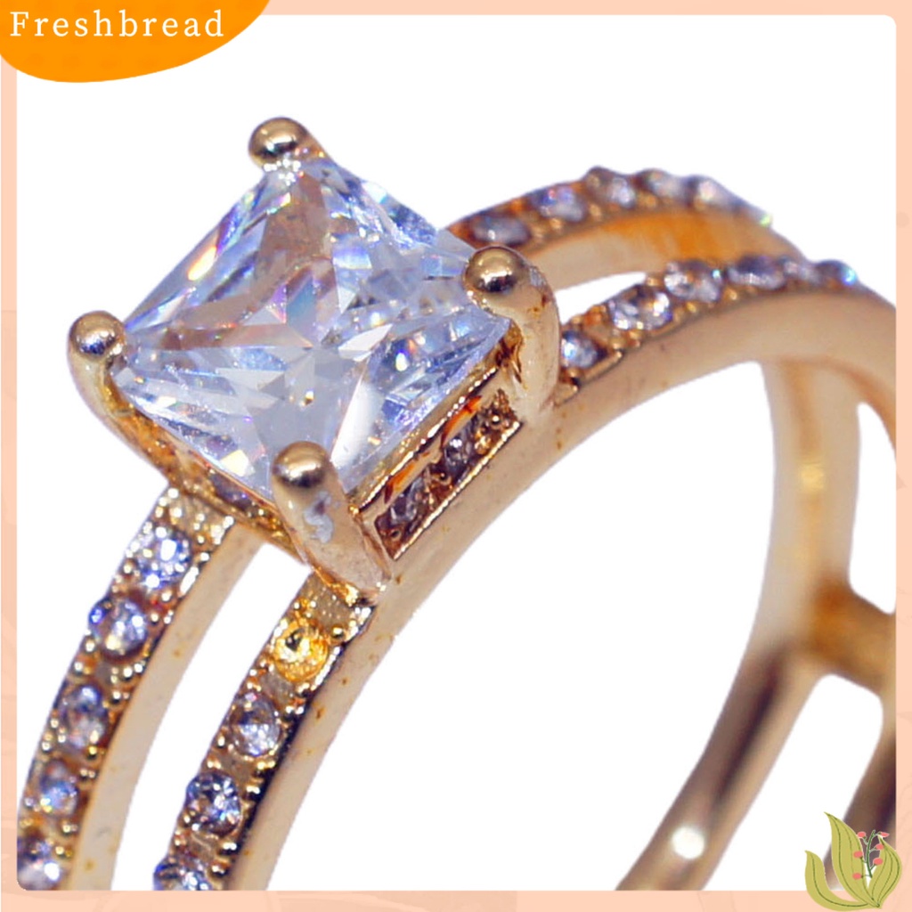 &lt; Freshbread &gt; Wanita Cincin Lapisan Ganda Persegi Berlian Imitasi Perhiasan Fashion Penampilan Indah Jari Cincin Untuk Pernikahan